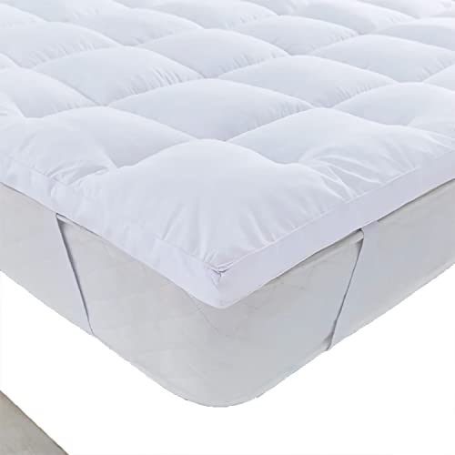 Mattress Topper Extra Deep 4 Inch Deep (10CM)- Quilted Double Size Mattress Topper Fluffy Hypoallergenic Microfiber with Strong Corner Straps